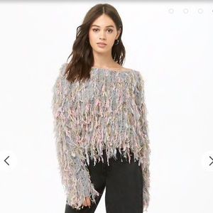 Fuzzy fringe metallic sweater